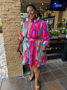 Vibrant Multicolor Abstract Print Puff-Sleeve Dress
